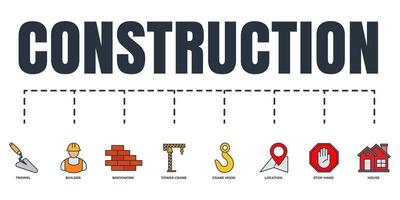 Construction banner web icon set. house, tower crane, builder, brickwork, crane hook, stop hand, trowel, location vector illustration concept.