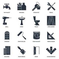 Set of Construction icon logo vector illustration. tools, toolbox, drill, door, color swatch, paint roller, paint bucket and more pack symbol template for graphic and web design collection