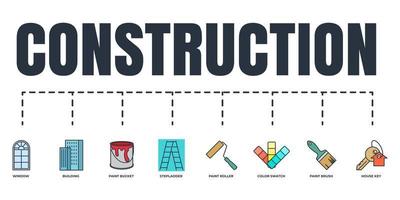 Construction banner web icon set. paint brush, color swatch, paint roller, paint bucket, stepladder, window, house key, building vector illustration concept.