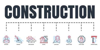 Construction banner web icon set. house, tower crane, builder, brickwork, crane hook, stop hand, trowel, location vector illustration concept.