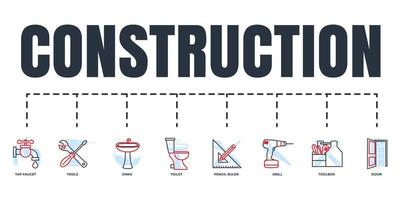 Construction banner web icon set. toilet, tap faucet, tools, toolbox, drill, door, pencil and ruler, sinks vector illustration concept.