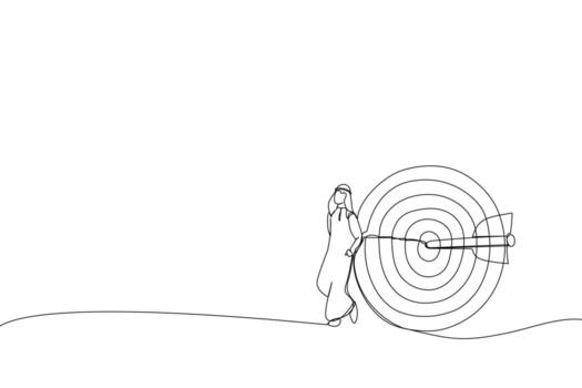 Cartoon of arab businessman stand with arrow hit bullseye on archery target. Metaphor for business objective, purpose or target, goal. Single continuous line art style vector