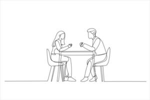 Illustration of two serious people in formal wear sitting in front of each other at long desk in the office while discussing something. One line art style vector