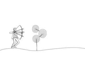 Drawing of businessman aiming multiple bows on three targets. Metaphor for multitasking or multiple purpose strategy, aiming for many targets or goal. Single line art style vector