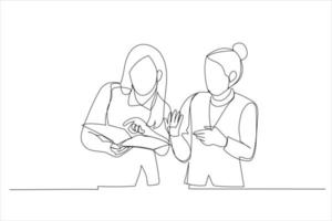 Illustration of two successful businesswomen discussing and looking to documents. One continuous line art style vector