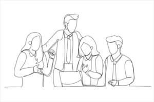 Illustration of diverse business team members having a discussion. One line art style vector