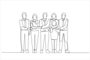 Cartoon of group of business people holding hands. Continuous line art style vector