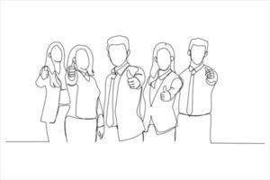 Drawing of business leaders with employees group showing thumbs up looking at camera. Single line art style vector