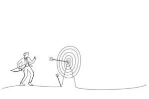 Drawing of businessman finally hit target after too many unsuccessful tries. Metaphor for effectiveness and efficiency to measure success rate. Single line art style vector