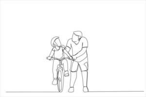 Illustration of happy family father teaches child daughter to ride a bike in the park. One line art style vector