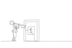 Drawing of businesswoman and his business team holding big key together and try to unlock the metal door. Metaphor for teamwork to open new opportunity. Single line art style vector