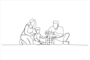Cartoon of young mom, dad and child building tower of blocks sitting on warm floor in the living room. Continuous line art style