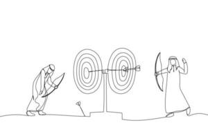 Illustration of businesspeople aiming targets with bows and arrows. Metaphor for business competition target marketing. One line art style vector