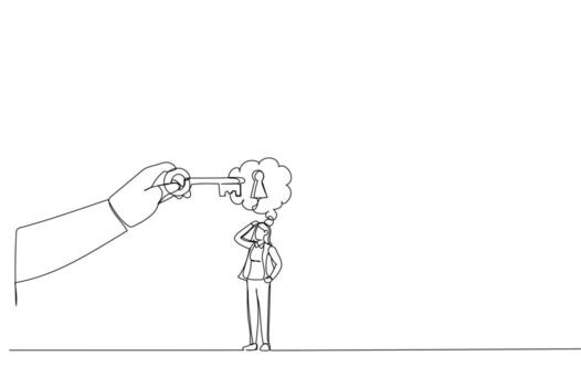 Drawing of businesswoman thinking with idea as a keyhole with helping hand holding the success key. Metaphor for find new ideas and free from mental block. Single continuous line art vector