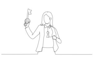 Drawing of businesswoman holding big key about to unlock keyhole on his body. Metaphor for reach true potential, personal career success. One line style art vector