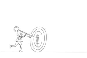 Drawing of businessman putting huge key into bullseye target key hold to unlock business success. Metaphor for target, KPI, achievement. Single continuous line art vector