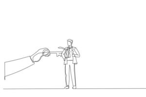 Cartoon of coach holding success key to unlock employee keyhole. Metaphor for coaching, training, and mentoring. Continuous line art style vector