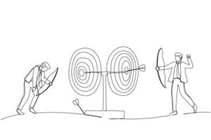 Illustration of businesspeople aiming targets with bows and arrows. Metaphor for business competition target marketing. One line art style vector