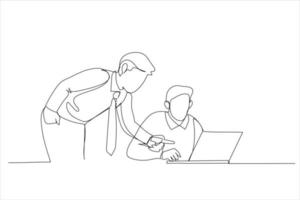 Cartoon of skilled smart leader ceo coaching new employee. Single continuous line art style vector