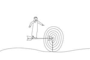 Cartoon of arab businessman standing on the arrow hit the target. the business concept of accuracy and purpose. Single continuous line art style vector