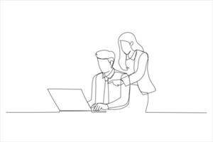 Drawing of young beautiful woman pointing at laptop and discussing something. Single line art style vector