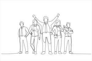 Cartoon of winning business team. Single continuous line art style vector