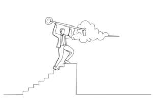 Drawing of businessman climb the stairs to put a key in its place as an business solution. Single line art style vector