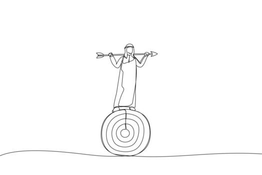 Illustration of smart arab businessman balance and control rotating archery target with arrow hitting bullseye. Metaphor for result based oriented driven. One continuous line art style vector