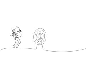 Drawing of blindfolded businessman shooting arrow and missed the target. Single continuous line art vector