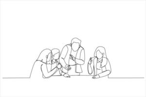 Cartoon of boss work cooperate with diverse team at office briefing. Single continuous line art style vector