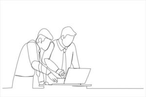 Illustration of attentive executives discussing over laptop in office. One line style art vector