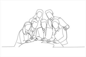 Illustration of business team posing grouped around manager. One line art style vector