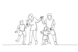 Drawing of overjoyed family jumping to music in living room. Single continuous line art vector