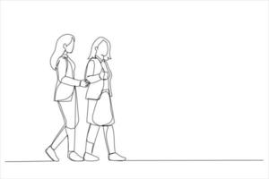 Illustration of two women commuting to the office in the day carrying office bags. One line art style vector
