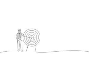 Cartoon of business man standing next to a huge target with a dart in the center, arrow in bullseye. Metaphor for reaching goals and objective. Continuous line art vector