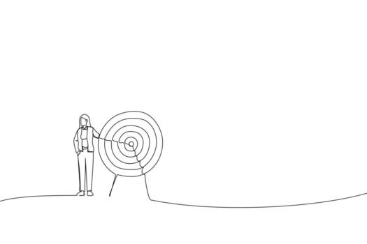 Cartoon of business woman standing next to a huge target with a dart in the center, arrow in bullseye. Metaphor for reaching goals and objective. Continuous line art vector