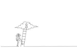 Cartoon of businesswoman climbing up ladder through secret keyhole. Metaphor for ladder of success, personal improvement. Single continuous line art style vector