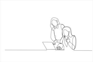 Cartoon of two happy businesswomen coworking in a desktop at office. Single continuous line art style vector