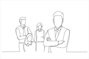 Illustration of businessman in formal wear and with crossed arms standing in office. In background his team posing. One line style art vector
