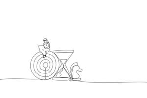 Drawing of smart arab businessman working with computer sit on target with chess knight and sandglass. Metaphor for business strategy, planning to achieve goal. Single line art style vector