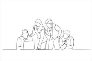 Illustration of business people working together in the office. One line art style vector