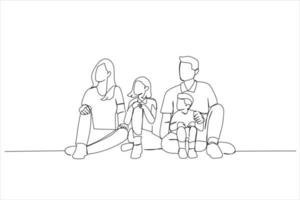 Illustration of happy family with two kids playing into new home. One line style art vector