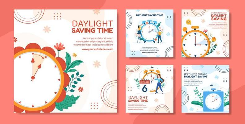 Daylight Savings Time Social Media Post Template Hand Drawn Cartoon Flat Illustration