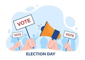 ilustración plana de caricatura dibujada a mano política del día de las elecciones con votantes emitiendo votos en el lugar de votación en estados unidos adecuado para afiche o campaña vector