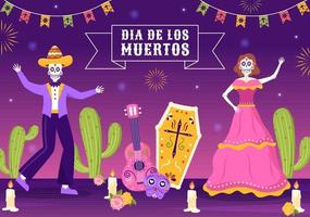 dia de los muertos o plantilla del día de los muertos dibujado a mano dibujos animados ilustración plana festival festivo mexicano con calaveras tatuadas, maracas y sombrero vector