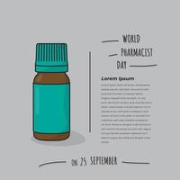 diseño del día mundial del farmacéutico con botella de medicina líquida en diseño de empaque verde vector