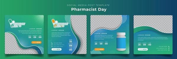 plantilla de publicación en redes sociales con caja de medicamentos para la campaña del día del farmacéutico en diseño de fondo verde azul vector