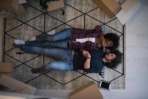 Top view of attractive young multiethnic couple photo