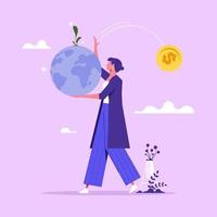 Sustainable Business concept, businesswoman holding planet earth and throw away money coin, stop climate change or global warming causing by business vector