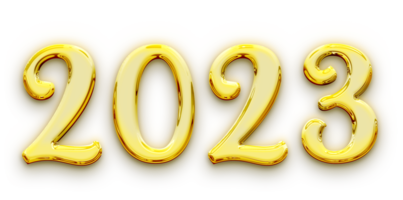 Golden volumetric 3D Text of the inscription 2023 isolated cut out png